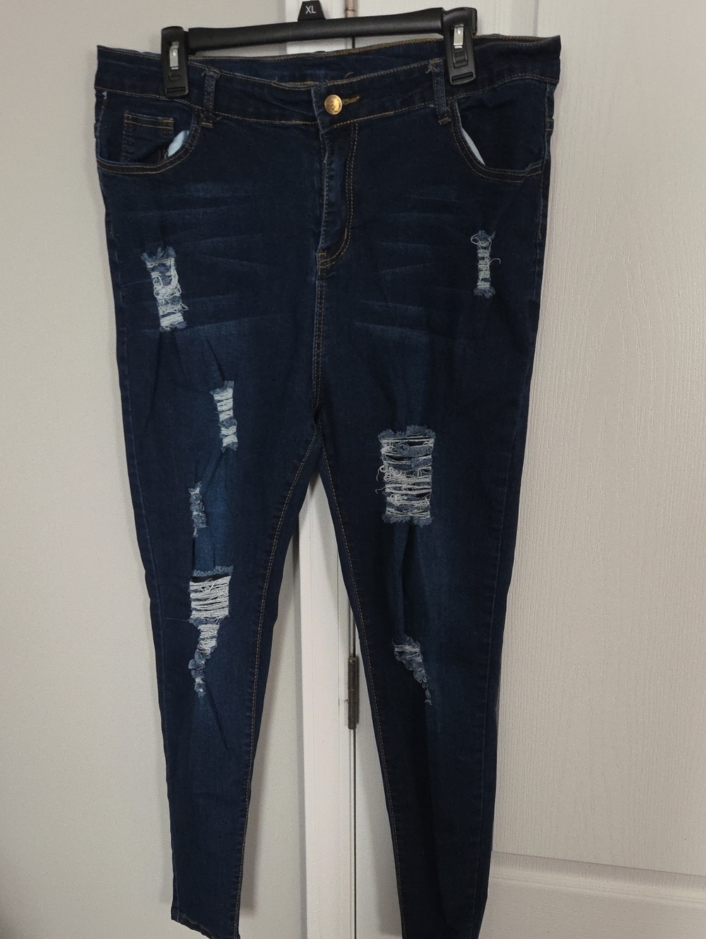 Ripped Dark Blue Skinny Jeans for Women - Stretchy Mid-Rise Fit